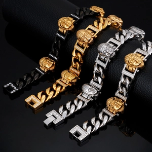 Men's stainless steel Buddha head Cuban chain bracelet set with shiny crystal rhinestones