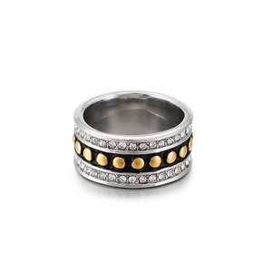Silver ring with dual cubic zirconia rows and gold dotted black inlay on white background
