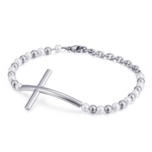 Fashion silver cross bracelet with white pearls and titanium steel beads for men and women