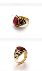Detail showing 17x12mm red gemstone on 18K gold plated stainless steel men's ring