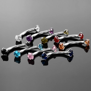 Surgical steel curved barbells with colorful round cubic zirconia for eyebrow piercing