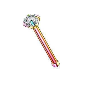 Rainbow stainless steel nose stud with a clear claw-set round cubic zirconia stone