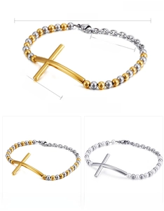 Detailed view of beaded cross bracelet with 235mm length and 18K gold vacuum plating