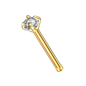 Minimalist gold stainless steel nose stud featuring a four-prong round zircon setting