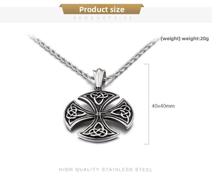 Detail view of Celtic cross pendant in stainless steel with 40x40mm size and 20g weight