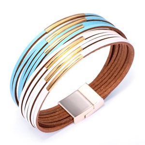 Multilayer braided leather bracelet with blue and white bands and golden metal accents