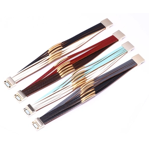 Bohemian multi-layer braided leather bracelet with gold magnetic metal tube clasp
