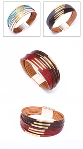 Collage of multilayer leather bracelets with golden tubes and magnetic clasps