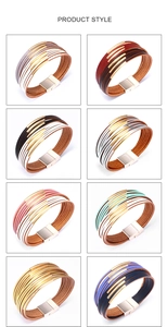 Detail view of multi-layer leather bracelets with magnetic clasps in eight stylish colors
