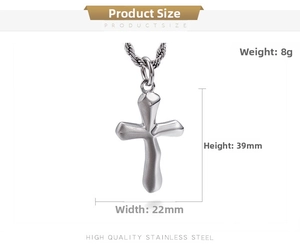Macro shot of stainless steel cross pendant showing dimensions 39mm x 22mm on rope chain