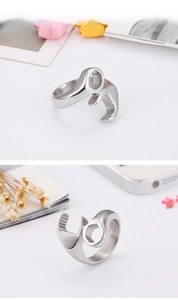 Detailed dual view of silver wrench shaped stainless steel ring with industrial design