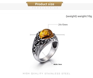 Macro view of vintage stainless steel ring with 24x15mm amber tiger eye gemstone