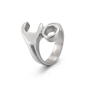 Creative Wrench And Nut Shaped Ring Industrial Punk Style Titanium Steel Silver Color Unisex Jewelry