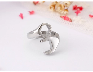 Detailed side view of silver creative wrench-shaped ring made of durable titanium steel
