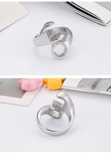 Detailed view of silver wrench shaped stainless steel ring showing top and side angles