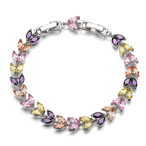 Elegant 18k white gold wheat link bracelet with multi-color marquise-cut zircon stones
