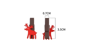 Detailed view of dark brown wooden clips with red reindeer silhouette and dimension scale