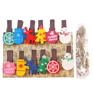 Christmas wooden clips set with snowman and reindeer shapes including hemp rope for photos