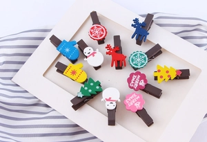 Detailed close-up of festive wooden clips featuring snowmen, reindeer, and Christmas trees