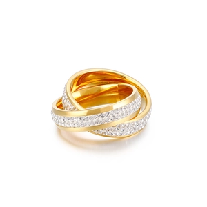 Elegant gold interconnected triple band ring with pavé micro-set white zircon stones