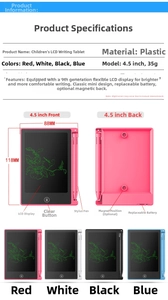 Detailed specs of 4.4-inch LCD writing tablet showing sizes, colors and components