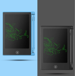 Dual view of 4.4 inch LCD writing tablets in blue and black with stylus and erase button