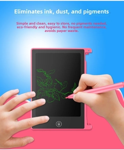 Mini 4.4-inch pink LCD writing tablet with stylus showing green drawing and delete button