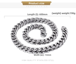 Detailed view of 13mm wide stainless steel Cuban link chain with 600mm length and 190g weight