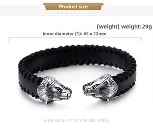 Detailed specs of punk leather bracelet with stainless steel wolf head and dimensions