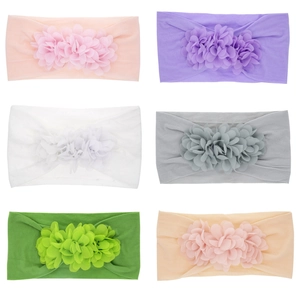 Set of six baby nylon elastic headbands with chiffon flowers in multiple pastel colors