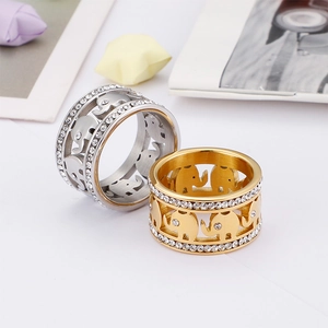 Hollow elephant stainless steel rings in gold and silver with double row rhinestones