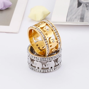 Double-row crystal elephant hollow rings in gold and silver stainless steel finish