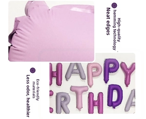 Close-up of premium purple foil Happy Birthday letter balloons with reinforced edge sealing