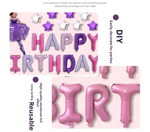 Detail of purple foil Happy Birthday letter balloons with star and ballerina shapes