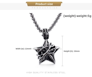 Detailed size chart showing a 22mm x 30mm stainless steel star pendant with thorn details