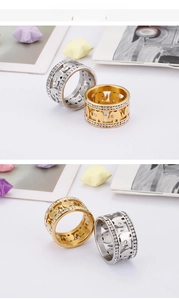 Macro detail of wide stainless steel rings featuring hollow elephant patterns and dual rhinestones