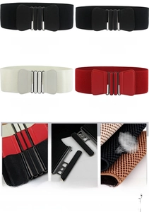 Elastic waist belt details showing bow buckle and red, beige, and black band colors