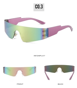 Three-angle view of futuristic punk sports sunglasses with purple frame and iridescent lens