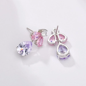 Pink and violet teardrop earrings with crystals and white cubic zirconia accents
