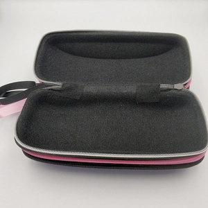 Pink zippered eyeglasses case with black lining and portable hook for storage
