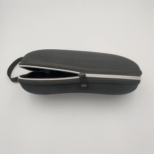 Black semi-hard zipper eyeglass case with diamond texture and portable hook strap