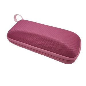 Magenta rhombic pattern zipper eyeglass case with portable side handle for storage