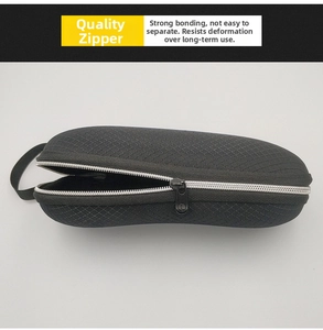 Detail of quality metal zipper and non-slip mesh texture on black semi-hard eyeglass case