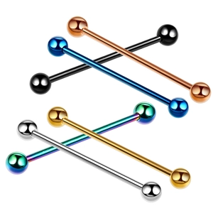 Industrial barbell body jewelry in various metallic finishes with round ball ends