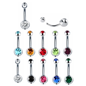 Double-drilled stainless steel belly rings with colorful crystals in 11 vibrant colors