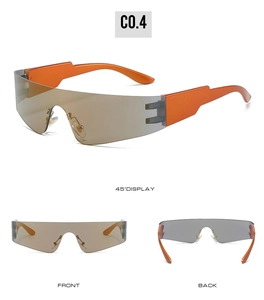 Three-view display of futuristic rimless shield sunglasses in orange and gradient tea lens