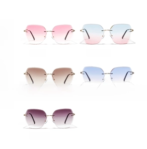 Detailed view of five colorful rimless sunglasses with gold metal temples and accents