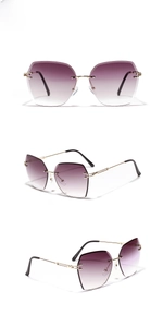 Detailed views of rimless sunglasses with purple gradient lenses and gold metal temples