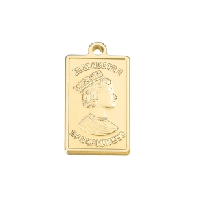 Gold rectangular metal coin pendant with Queen Elizabeth II portrait and Isle of Man 1990