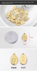 Detailed gold religious medal pendant for jewelry making with Virgin Mary relief